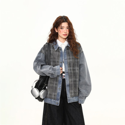 美式復古水洗格紋拼接牛仔外套女春季新款重磅潮牌夾克