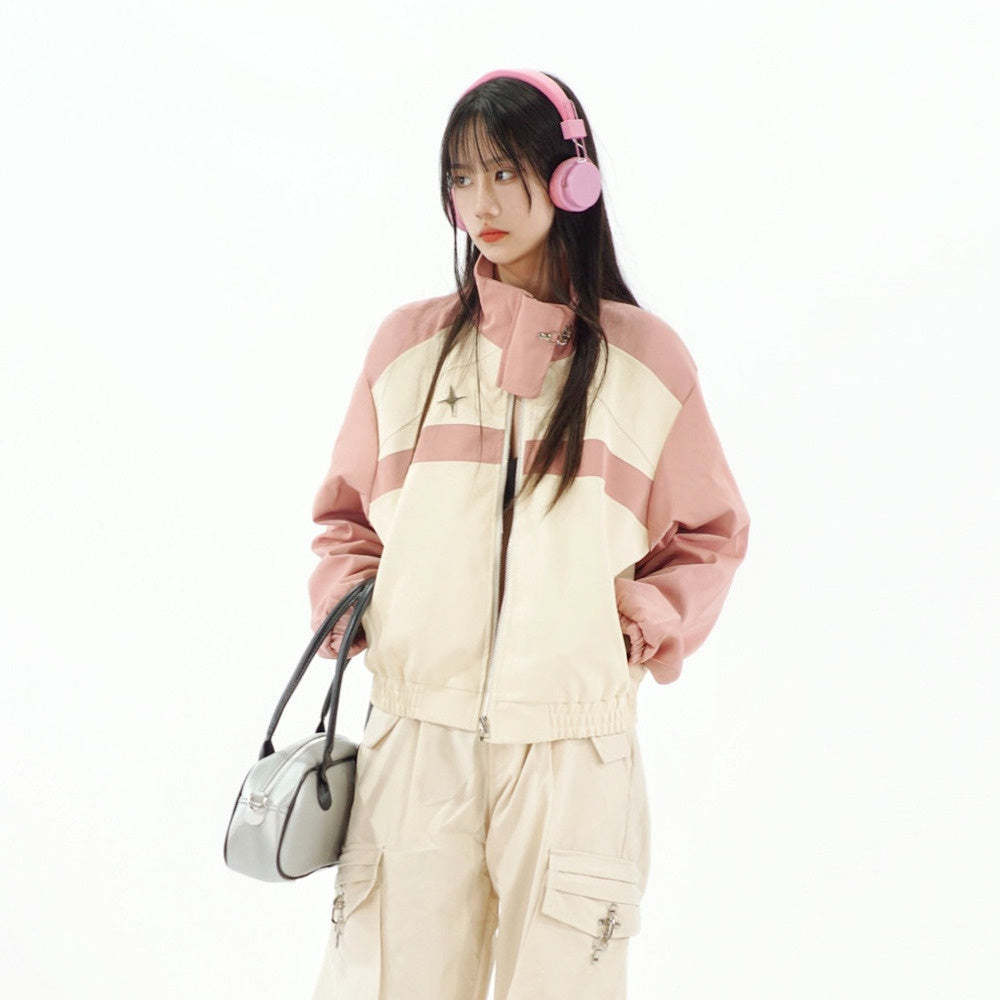 美式復古拼色短款皮衣女辣妹短外套秋季小眾原創設計感寬鬆