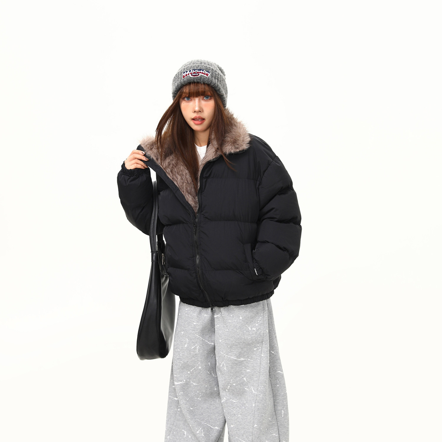 冬季加厚毛領保暖麵包棉服女立領高級感美式復古棉衣棉襖