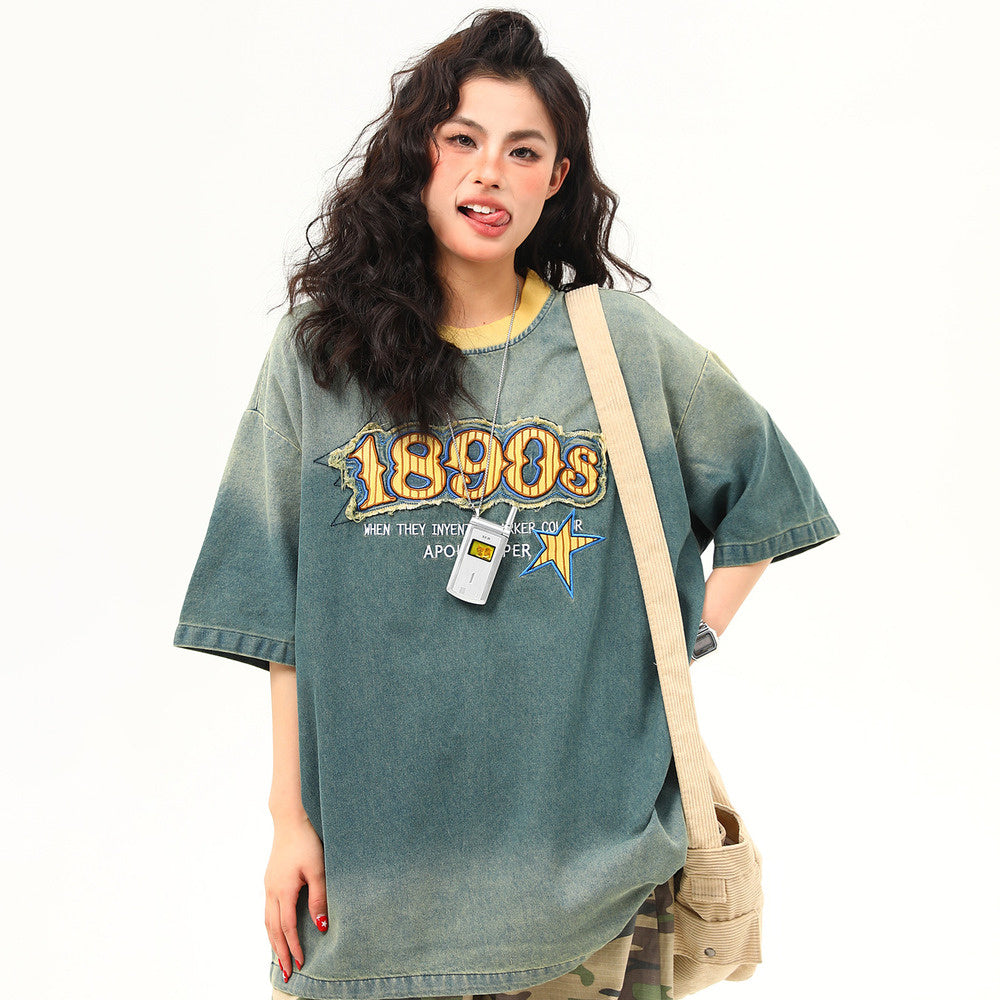 新款美式復古水洗牛仔短袖T恤女刺繡字母潮牌tee