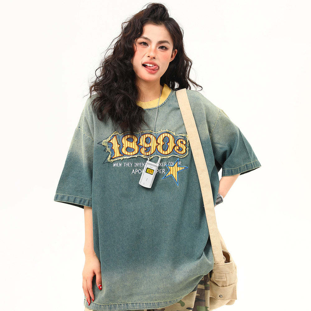 新款美式復古水洗牛仔短袖T恤女刺繡字母潮牌tee