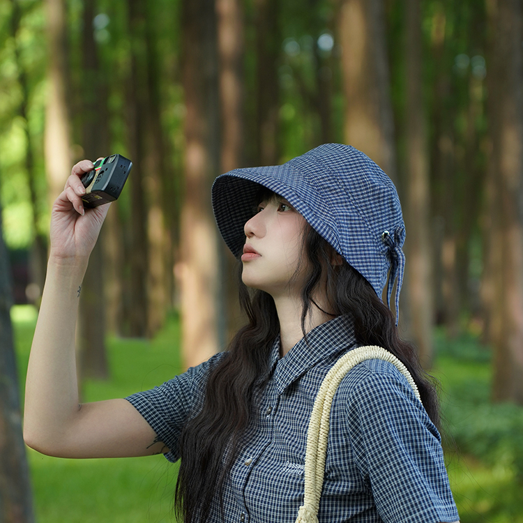 日系格子漁夫帽子女夏季戶外露營登山蝴蝶結防曬防紫外線遮陽帽