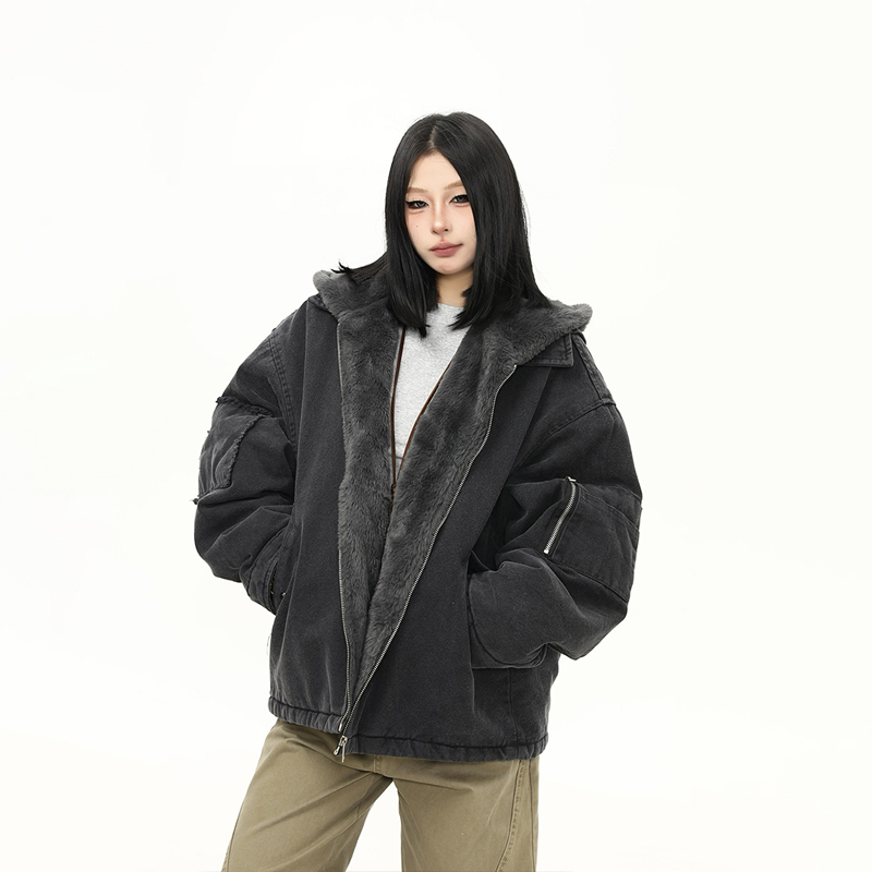 美式水洗重磅冬季棉服女毛絨連帽設計感加厚保暖棉衣外套