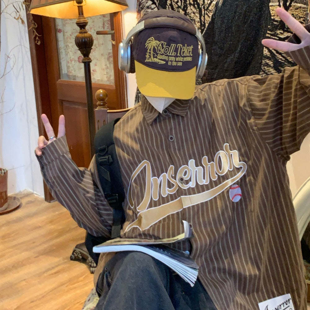 美式復古豎條紋長袖襯衫潮寬鬆慵懶風潮牌街頭情侶襯衣