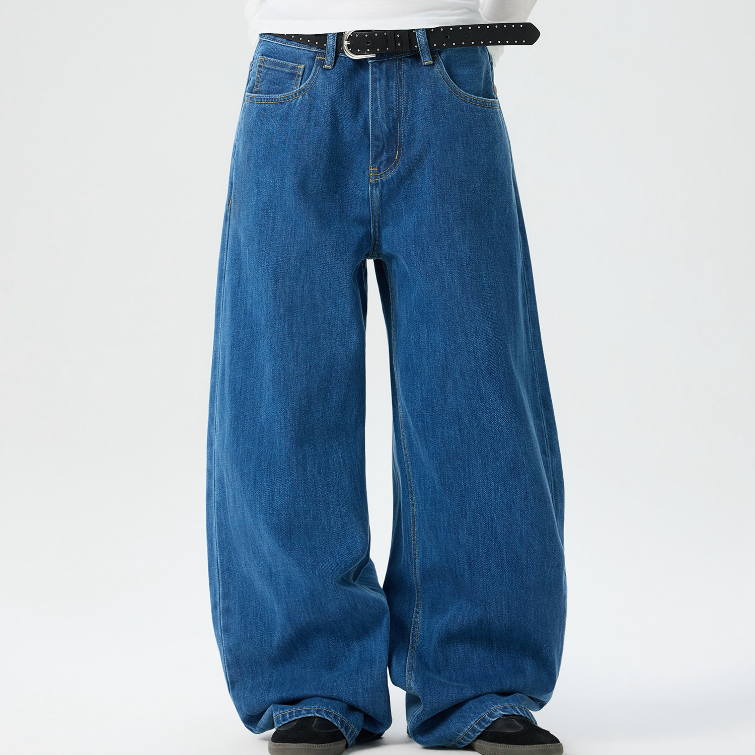 美式復古街頭水洗深藍色牛仔褲女寬鬆直筒百搭闊腿褲子