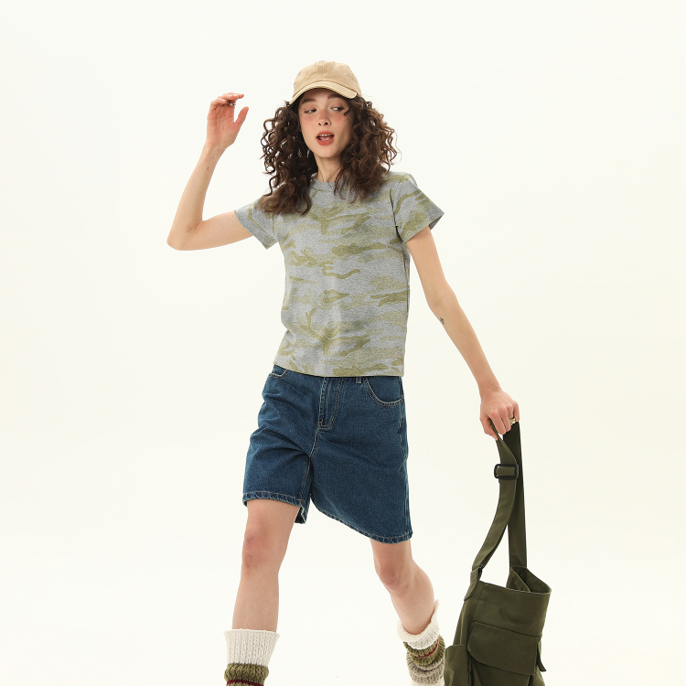 美式復古迷彩紮染短款正肩T恤女夏潮牌顯瘦辣妹短袖上衣