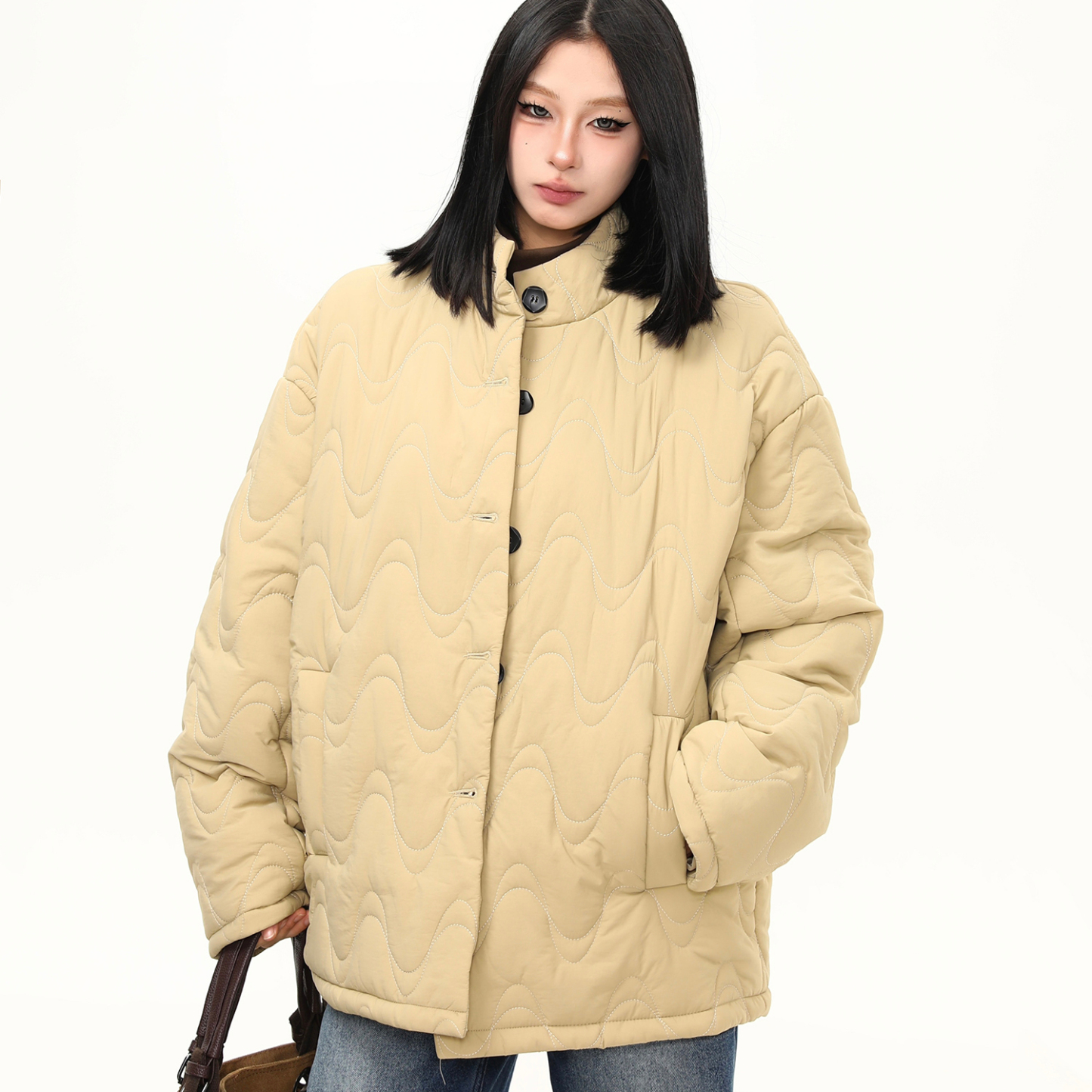 冬季紋理波浪設計感加厚棉服外套女寬鬆潮牌百搭棉衣棉襖