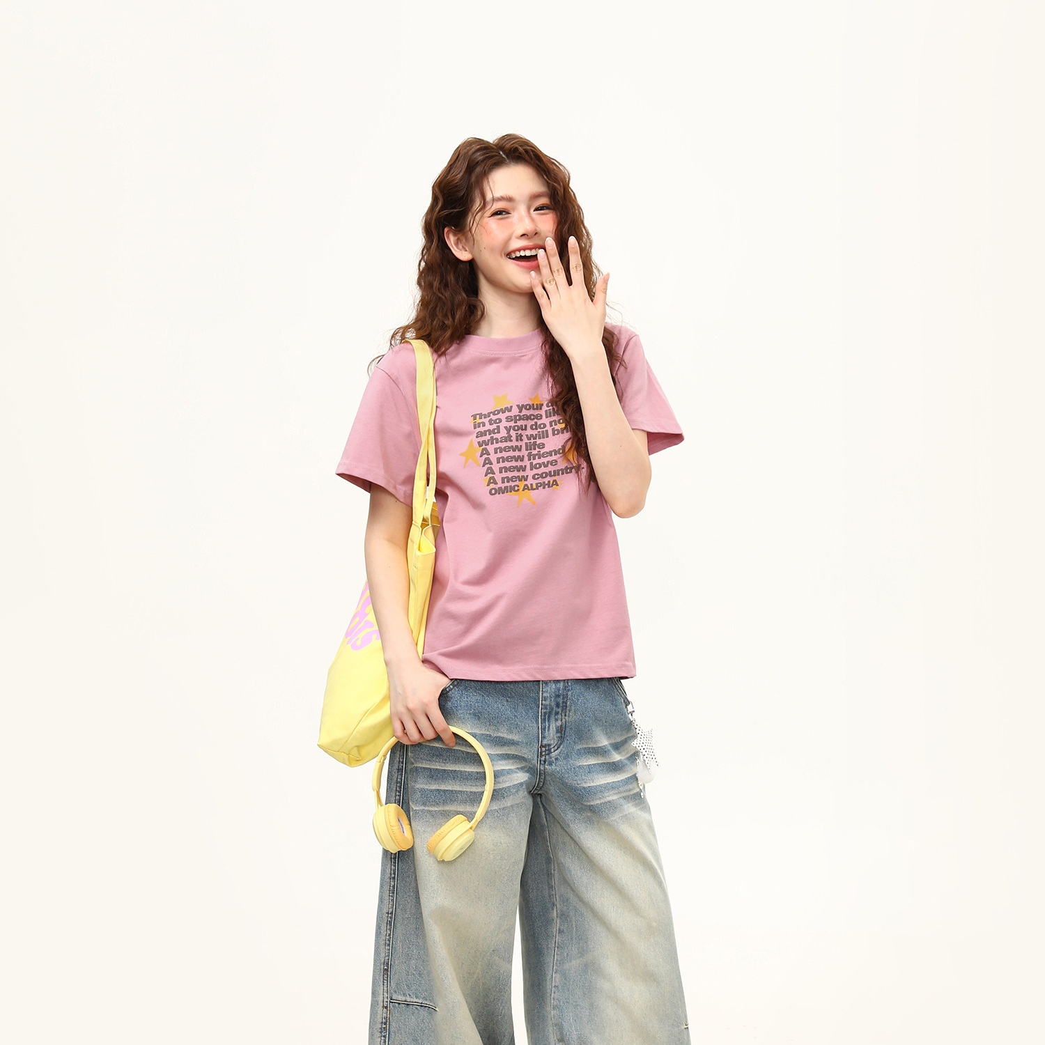 正肩T恤女美式復古發泡字母微寬鬆潮流短袖女