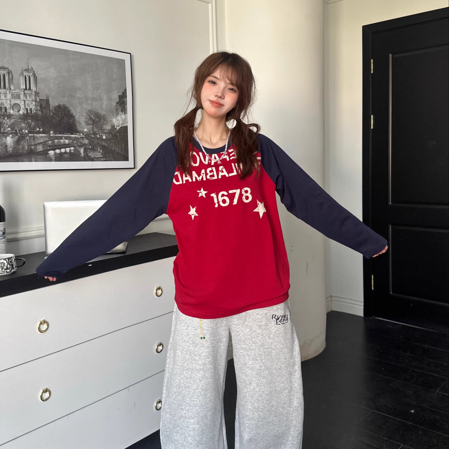 美式復古字母星星拼色上衣T恤女秋季打底寬鬆百搭休閒長袖