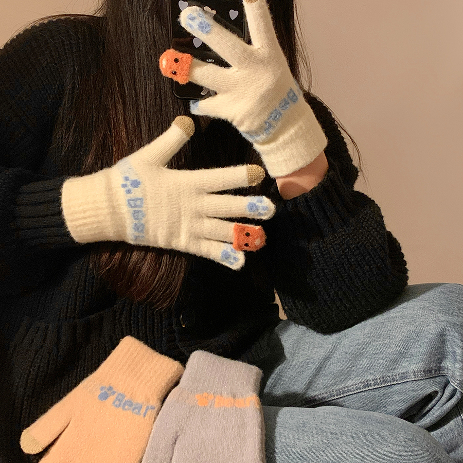 可愛毛絨針織五指手套女士冬季保暖加厚學生觸屏騎車冬天防寒防風