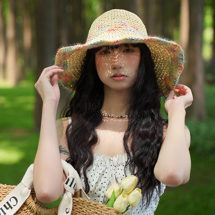 防曬帽女夏季海邊度假彩色編織草帽透氣鏤空大帽檐顯臉小遮陽帽子