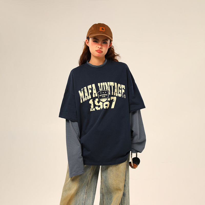 美式復古假兩件長袖衛衣女字母印花百搭上衣