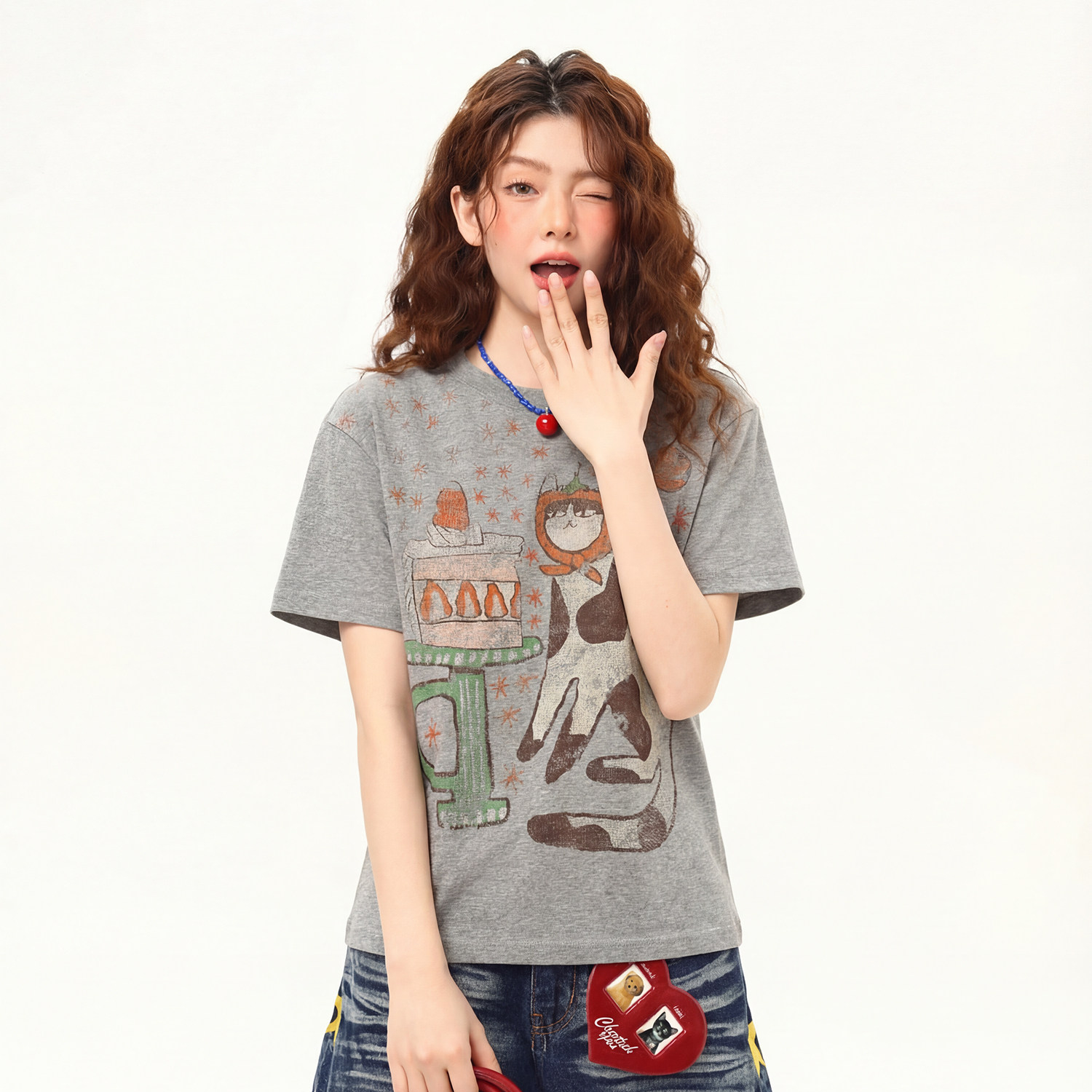 正肩T恤女美式復古卡通印花設計感夏季微寬鬆顯瘦短袖