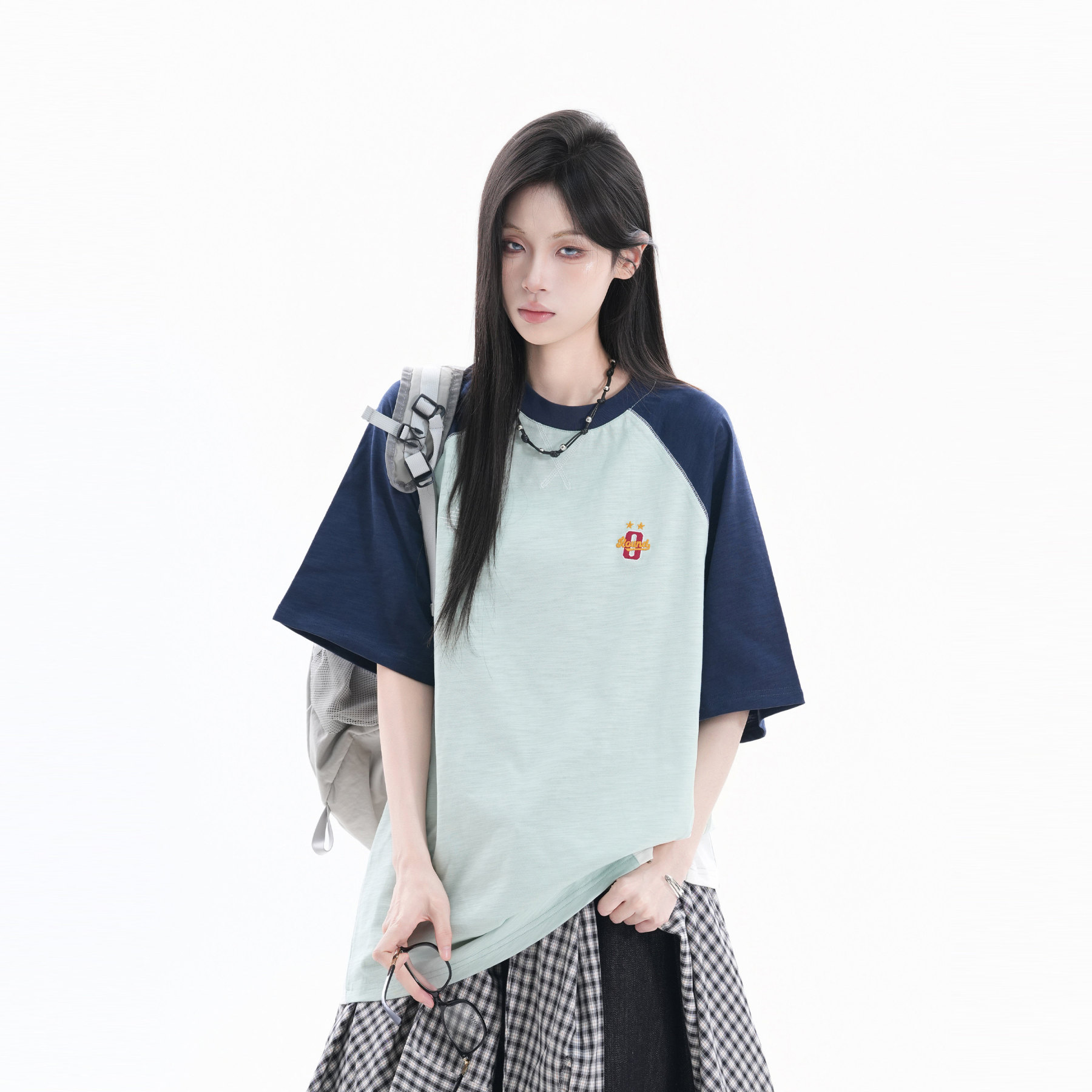 美式鬆弛感純棉半袖T恤女復古刺繡撞色插肩短袖