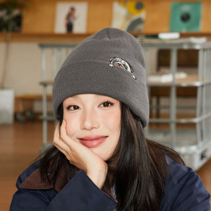 日系小狗刺繡毛線帽秋冬加厚帽子護耳針織帽男女冷帽