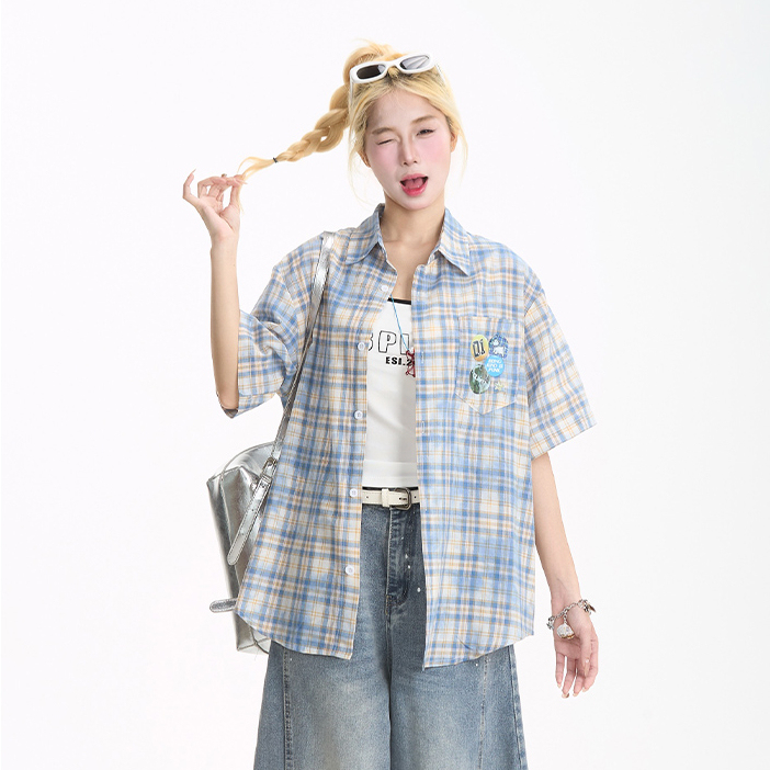 夏季藍色格子短袖襯衫女美式潮牌寬鬆百搭休閒襯衣