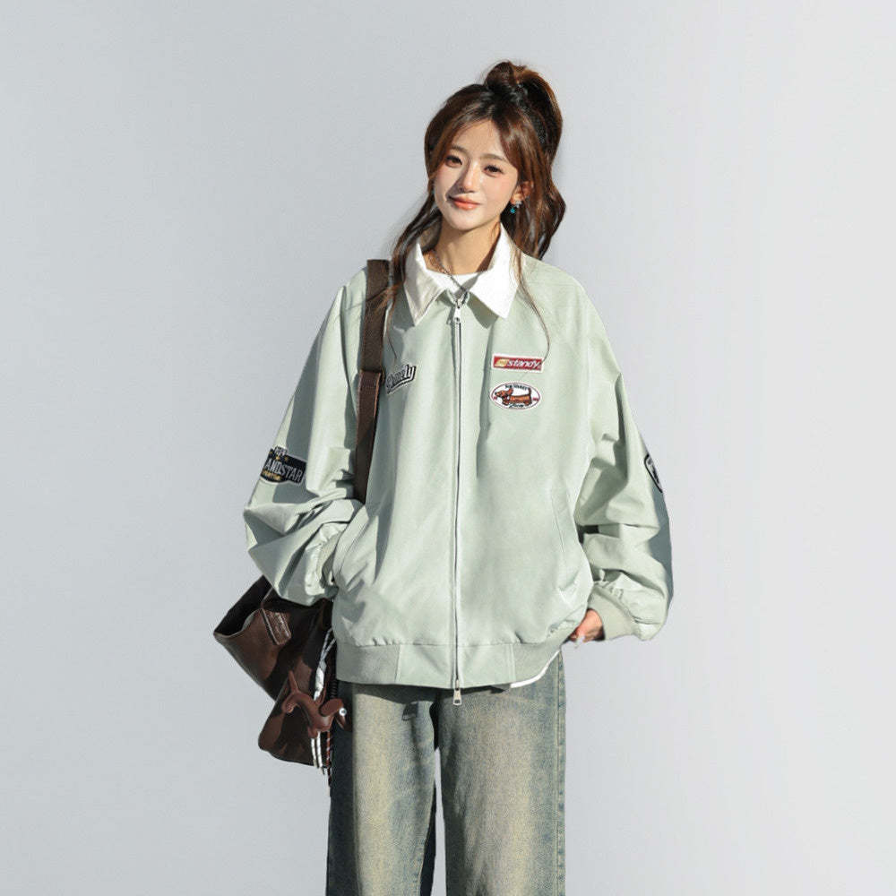 美式慵懶chic韓系外套女春2025新款撞色翻領工裝夾克