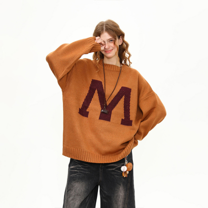 美式復古字母學院風針織衫毛衣女秋冬圓領套頭慵懶風上衣