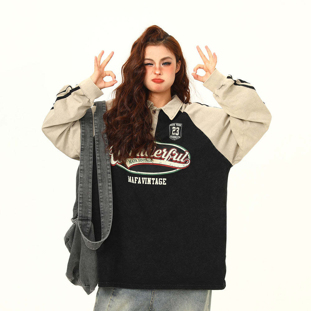 美式衛衣復古街頭學院風Polo領長袖女寬鬆百搭上衣