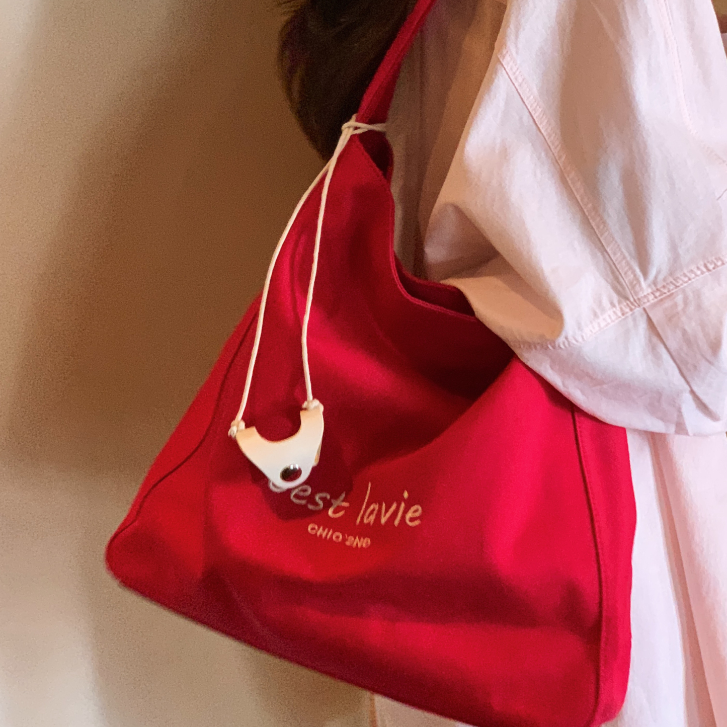 霓虹甜心托特包包女紅色帆布包通勤單肩包