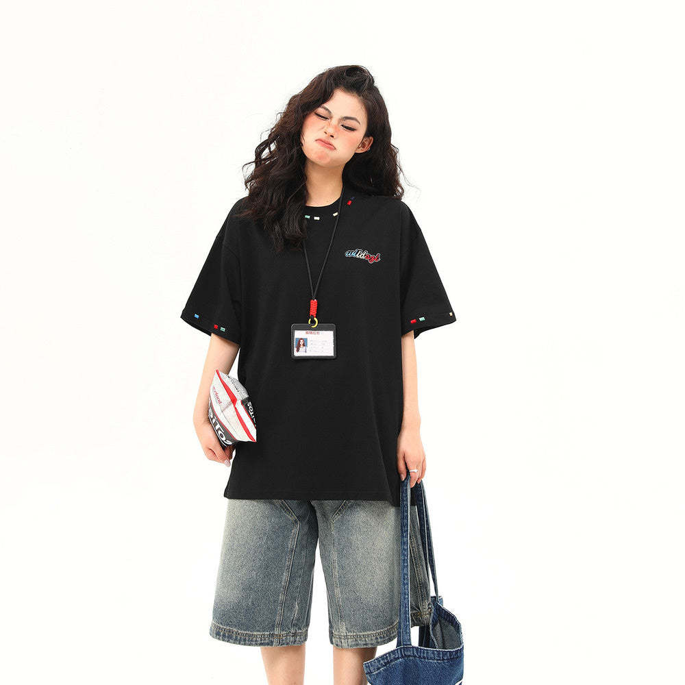 美式復古國風彩虹刺繡夏季凉感短袖T恤女寬鬆百搭