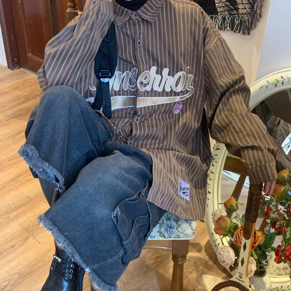 美式復古豎條紋長袖襯衫潮寬鬆慵懶風潮牌街頭情侶襯衣