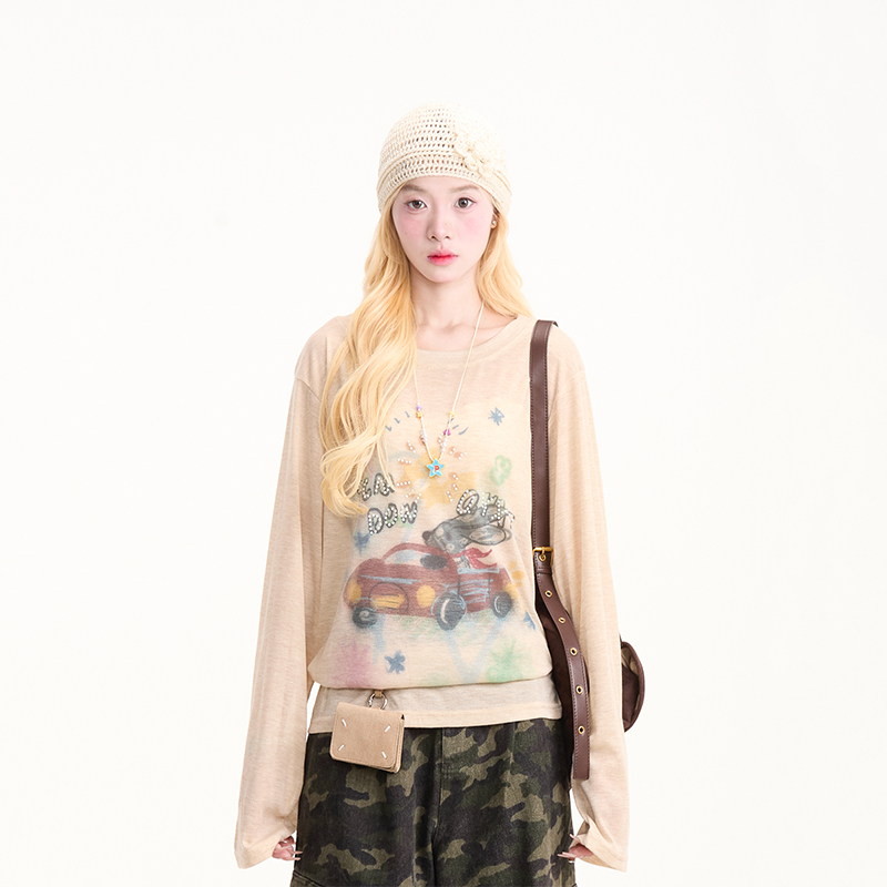 塗鴉印花薄款長袖T恤女新款慵懶微透夏季防曬休閒罩衫上衣