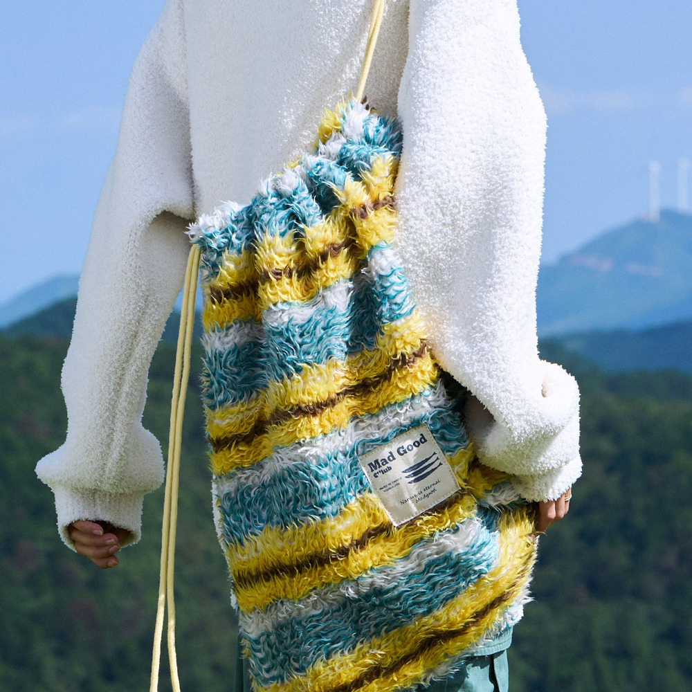 日系彩色條紋撞色短毛提花束口單雙肩包