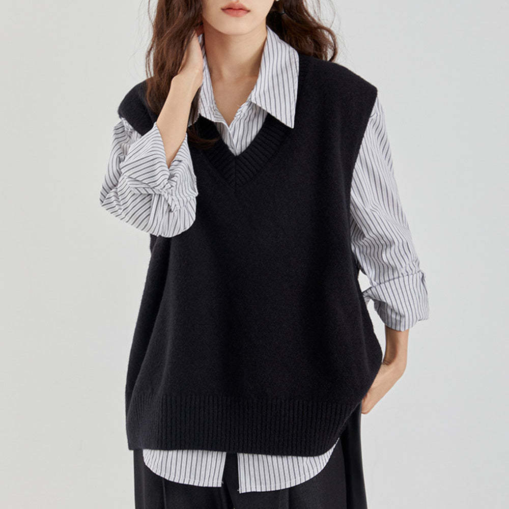 V領針織馬甲背心女早秋疊穿無袖毛衣毛線坎肩馬夾