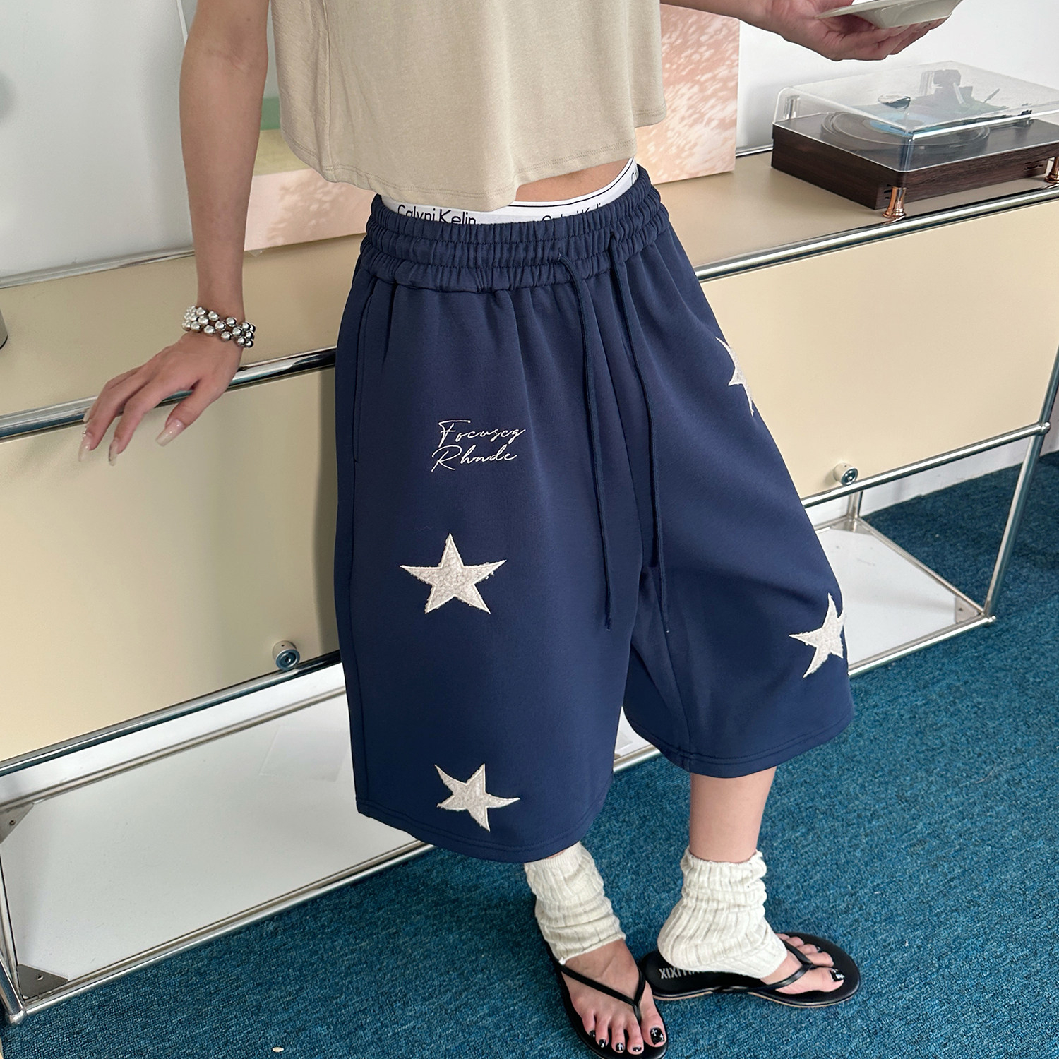 美式星星貼布繡闊腿衛褲女夏季潮流寬鬆慵懶風七分短褲