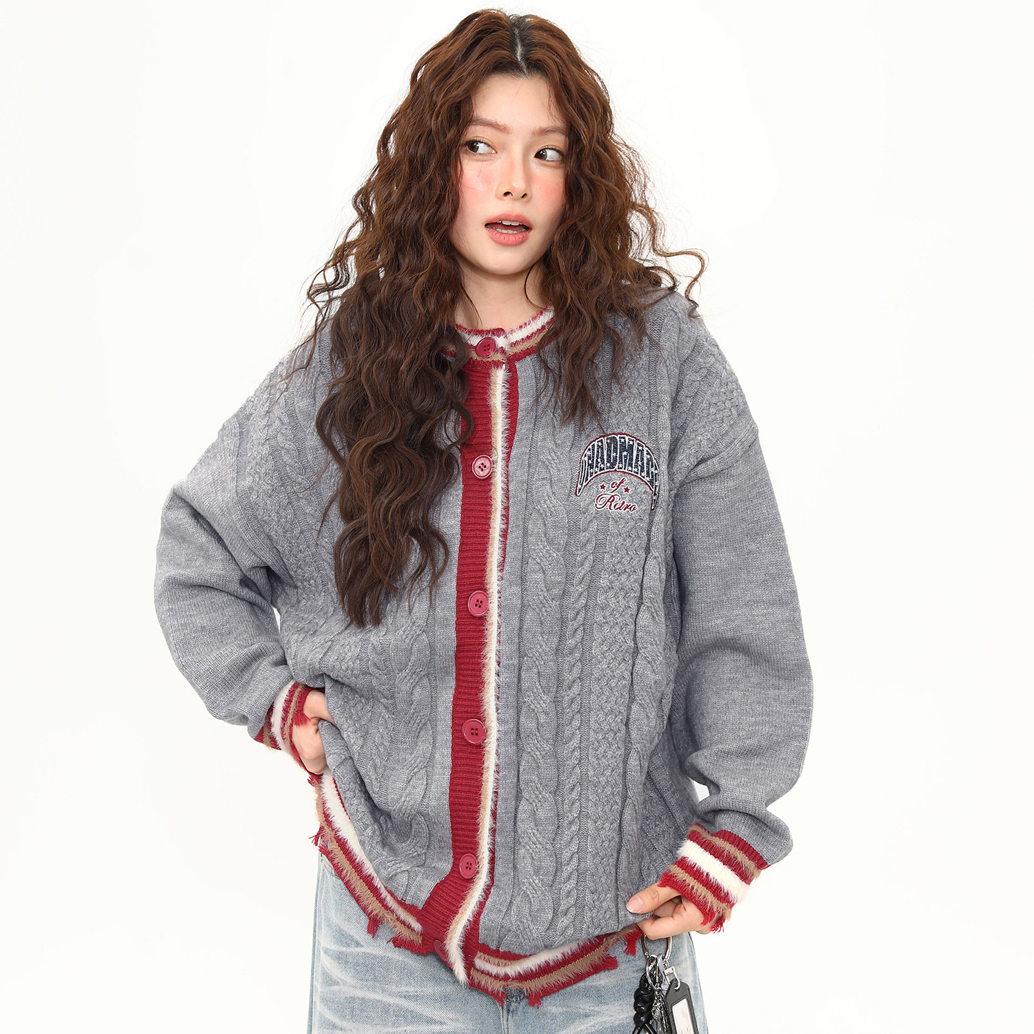 美式復古學院風撞色開衫毛衣女秋冬慵懶粗麻花針織衫外套