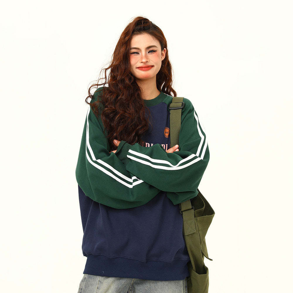 美式復古插肩袖撞色圓領衛衣女秋季百搭上衣