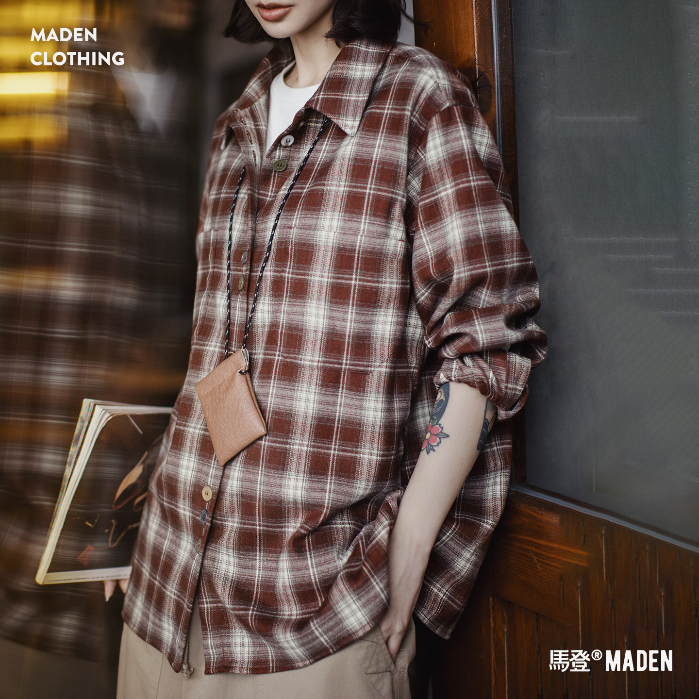 美拉德棕咖色系磨毛格子紋長袖襯衫寬鬆襯衣外套上衣女士秋季