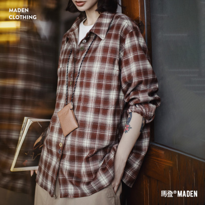 美拉德棕咖色系磨毛格子紋長袖襯衫寬鬆襯衣外套上衣女士秋季
