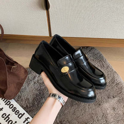 春季新款英倫復古圓頭厚底金扣牛皮懶人樂福單鞋女棕色小皮鞋