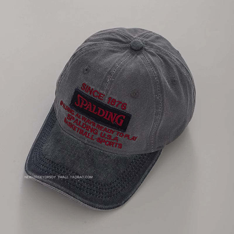 美式復古水洗做舊紅色鴨舌帽子女拼色字母軟頂休閒街頭棒球帽