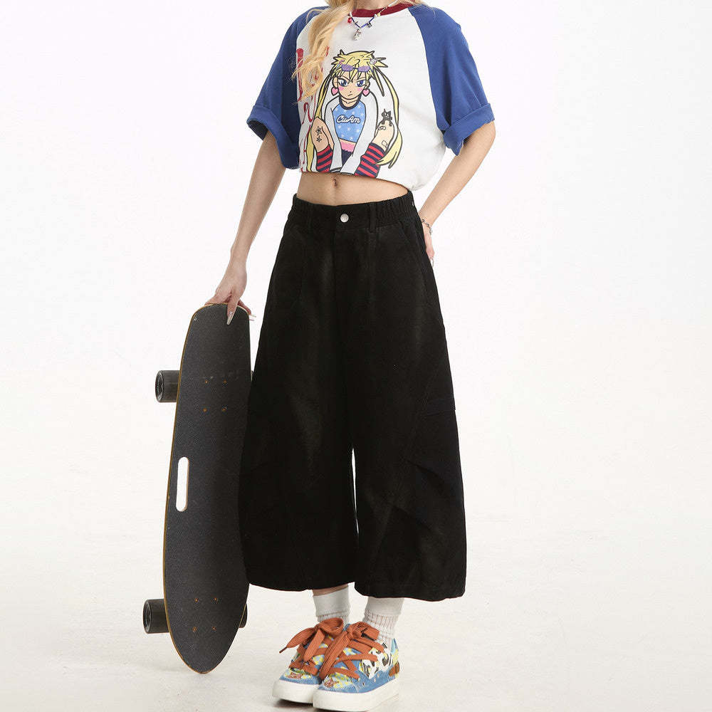 美式復古做舊髒染工裝短褲女夏季寬鬆直筒闊腿褶皺七分褲