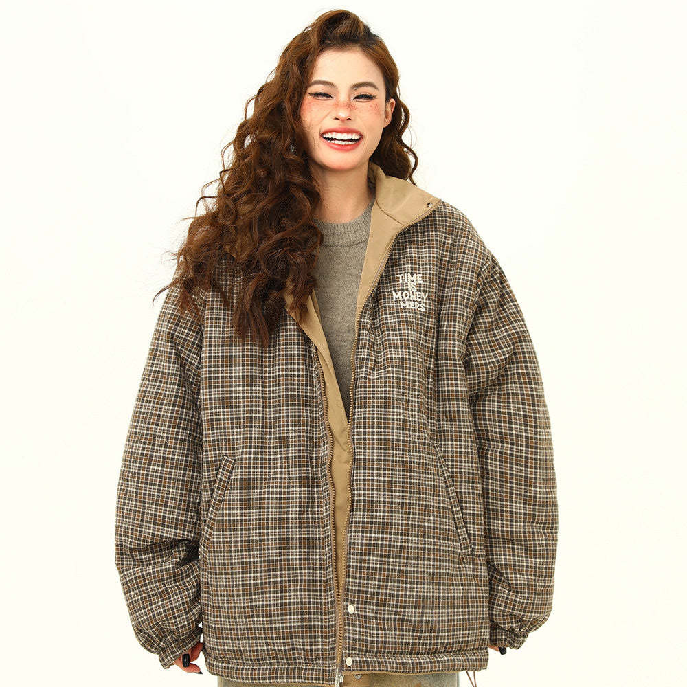 美式復古雙面穿格子棉服外套女冬季小眾設計潮牌保暖棉衣