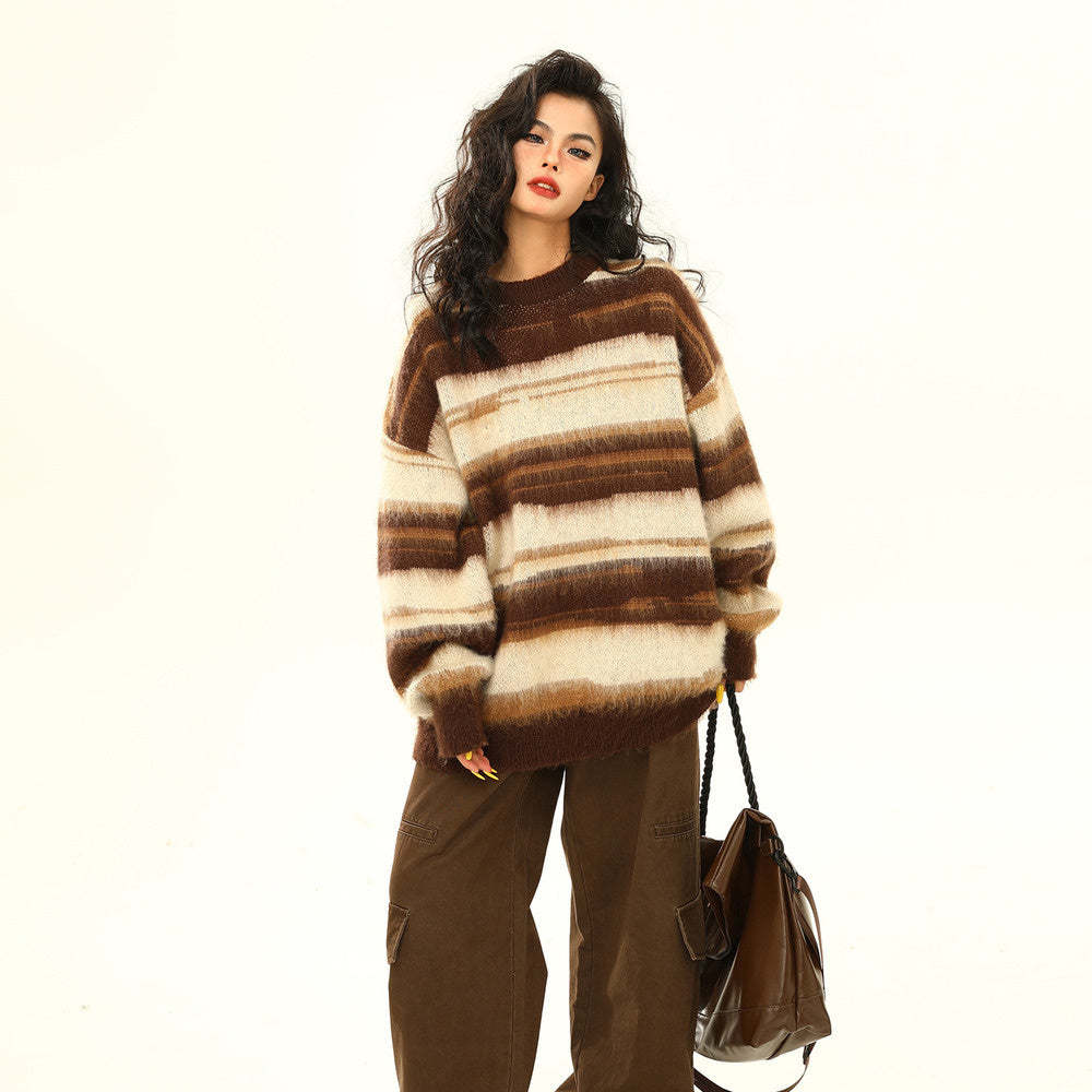 美式復古馬海毛條紋毛衣女春秋慵懶氛圍感情侶針織衫上衣