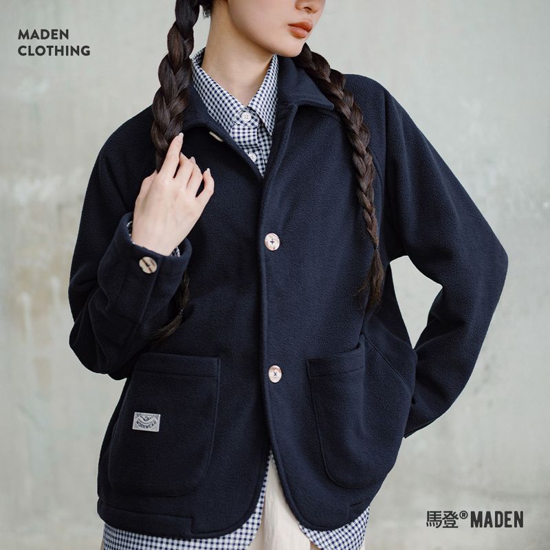 馬登女裝 美式搖粒絨翻領外套暖呼呼保暖夾克休閒開衫抓絨上衣冬季女