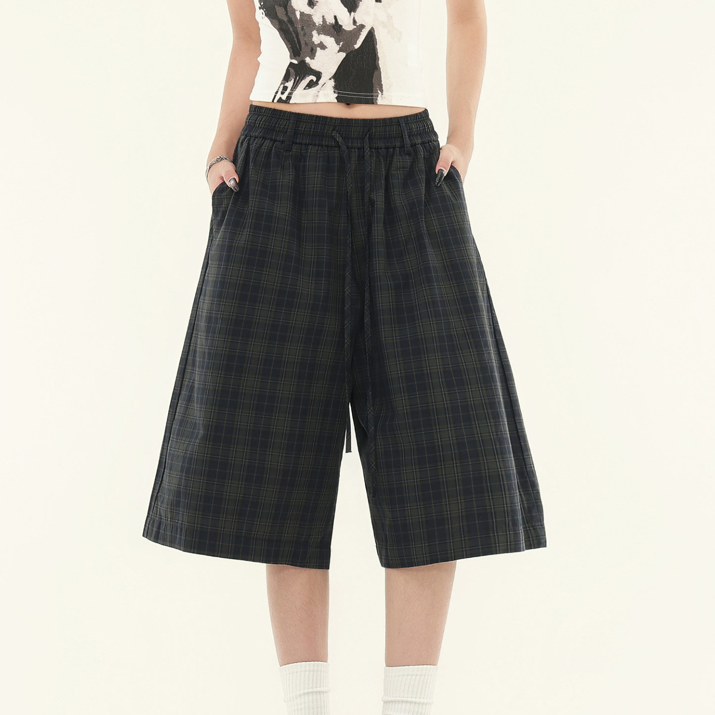 美式復古慵懶綠格紋鬆緊七分褲夏季寬鬆百搭格子褲女短褲