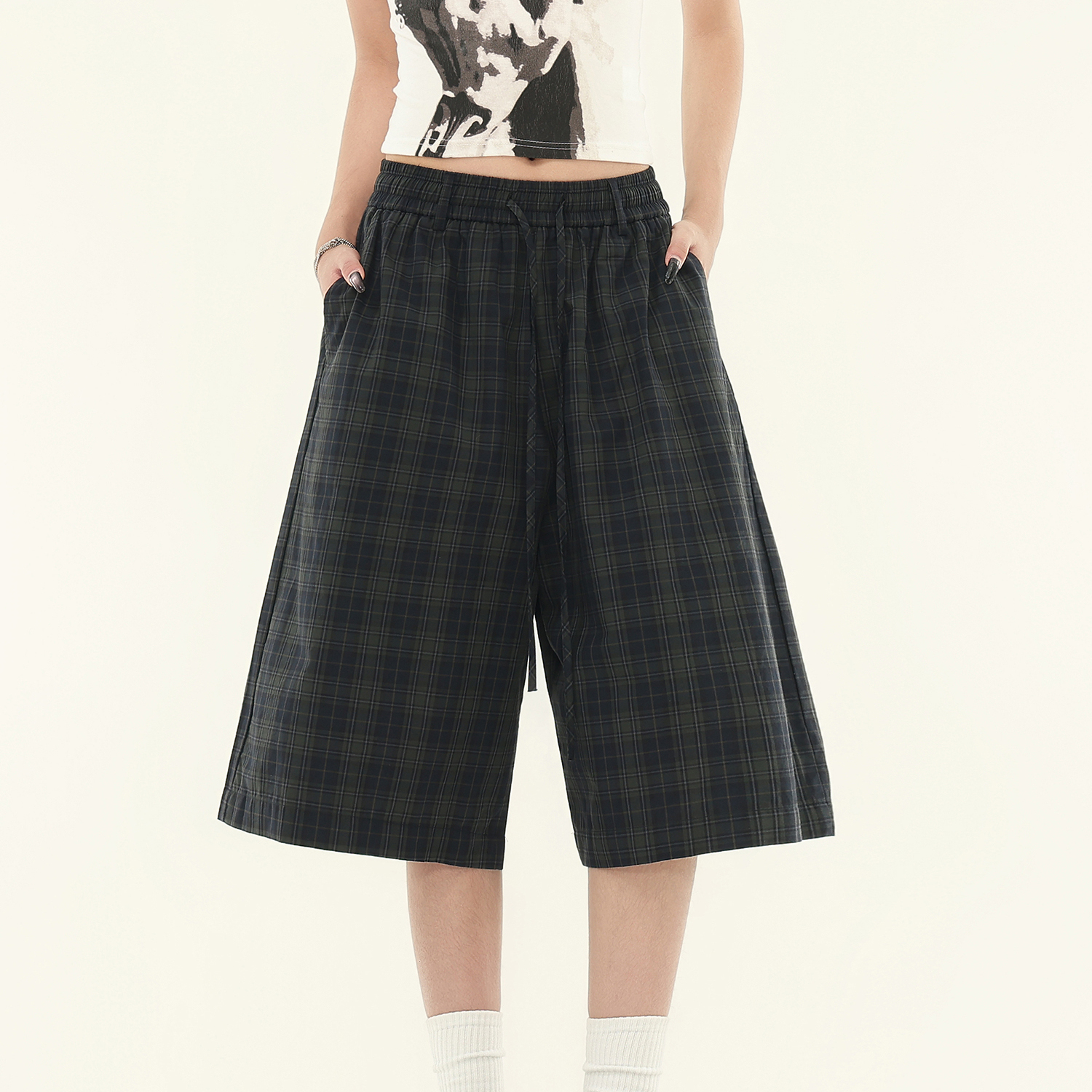 美式復古慵懶綠格紋鬆緊七分褲夏季寬鬆百搭格子褲女短褲