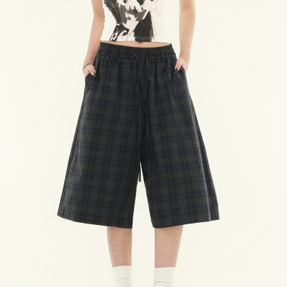 美式復古慵懶綠格紋鬆緊七分褲夏季寬鬆百搭格子褲女短褲