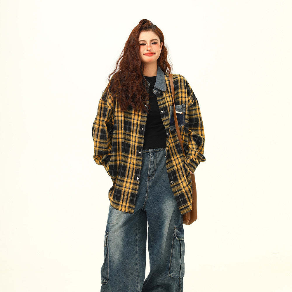 高級感外穿格子襯衫女復古寬鬆百搭早秋黃色格紋襯衣