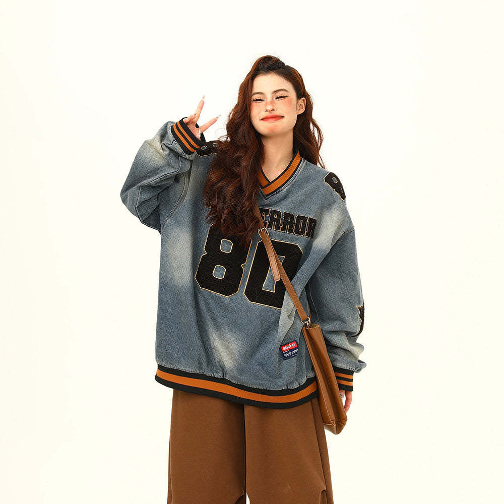 美式復古水洗重磅牛仔衛衣女秋季新款潮牌高級感上衣