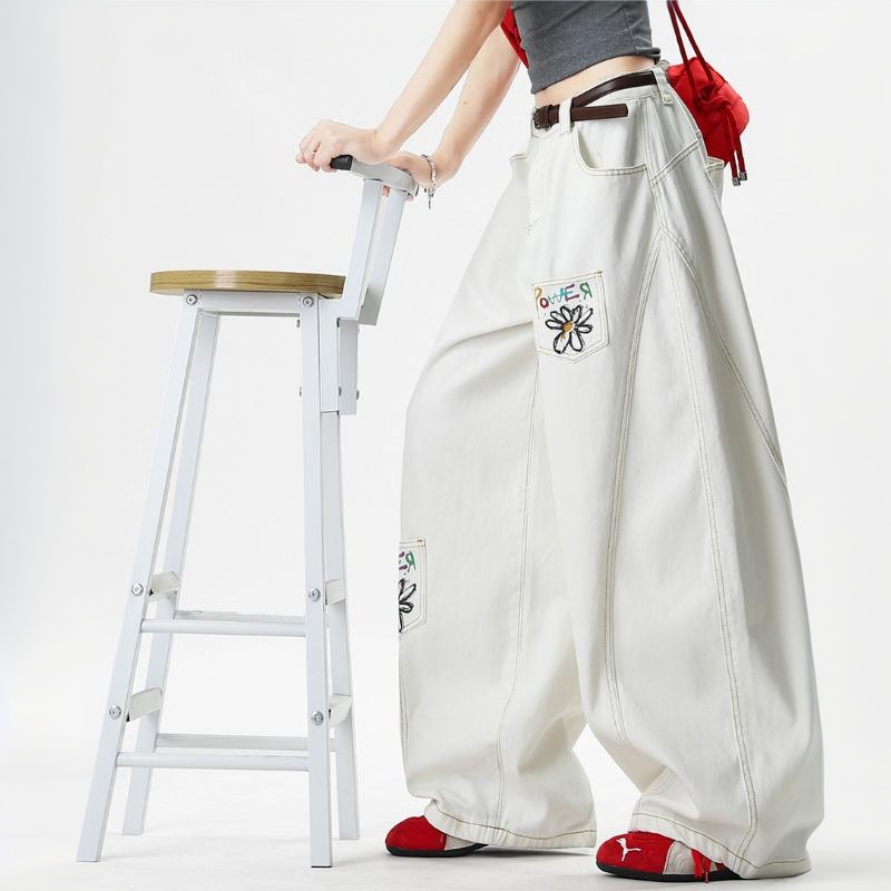 白色小雛菊彩繪印花彎刀牛仔褲女2026春季復古多口袋解構闊腿褲