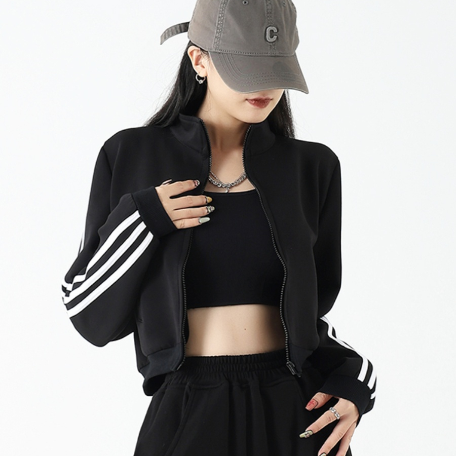 三條杠立領長袖短款外套女春秋美式街頭休閒運動上衣薄款衛衣開衫