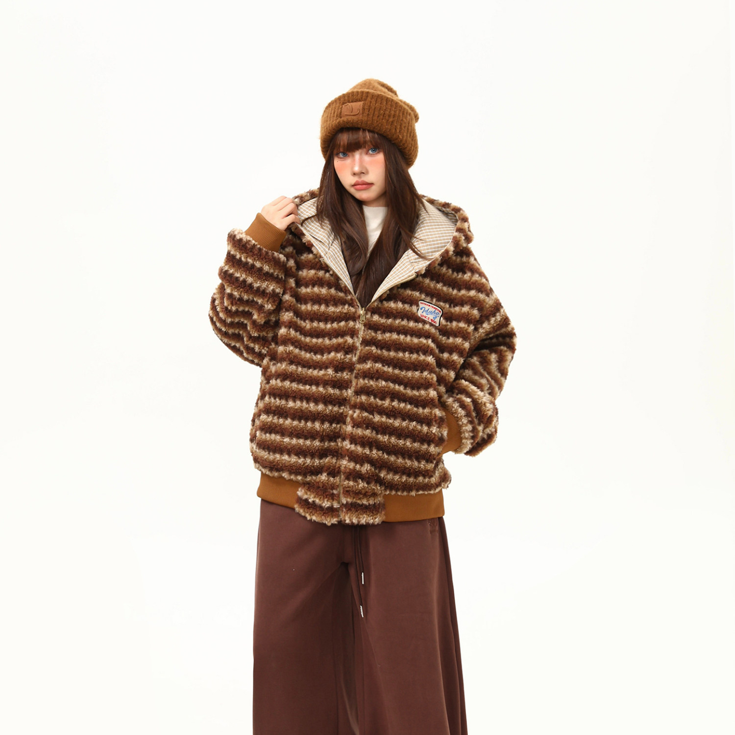 美式復古字母毛巾刺繡加厚毛絨連帽棉服外套女冬季氛圍感