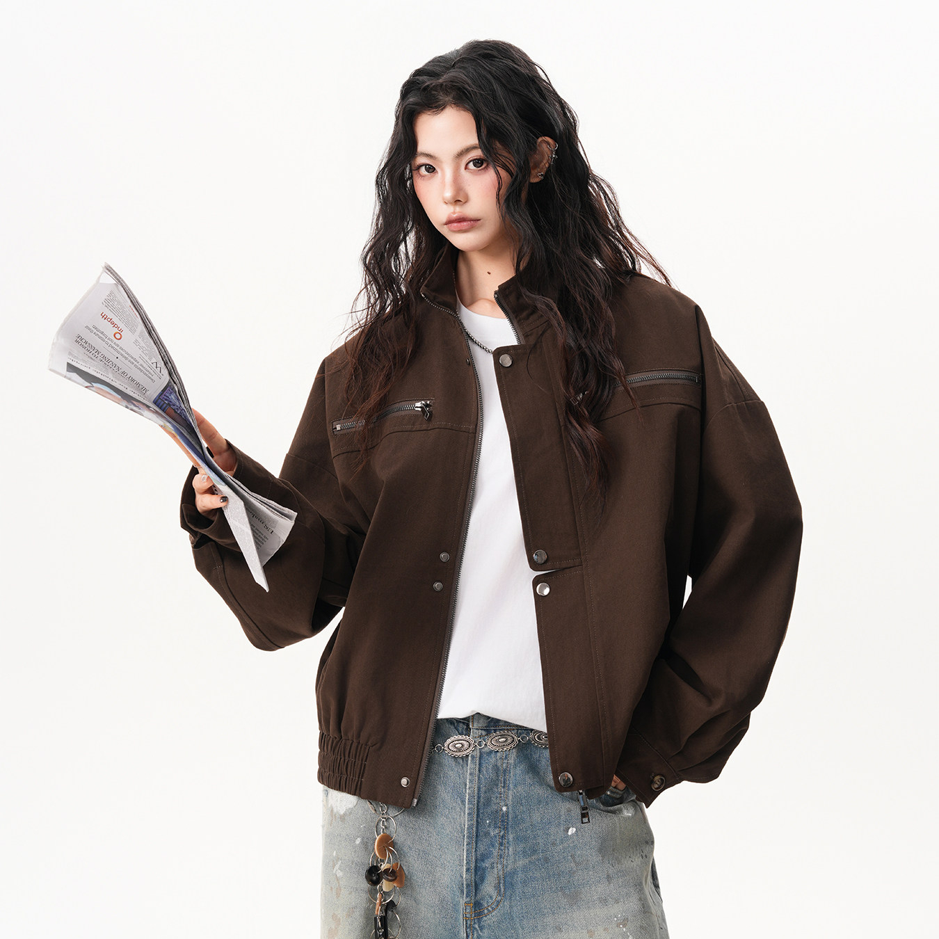 美式巴恩風立領工裝牛仔外套女秋季新款復古高級感短款機車夾克
