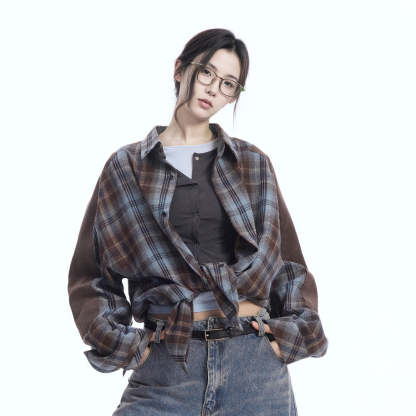 美式復古拼接格子襯衫女春季新款襯衣寬鬆百搭上衣